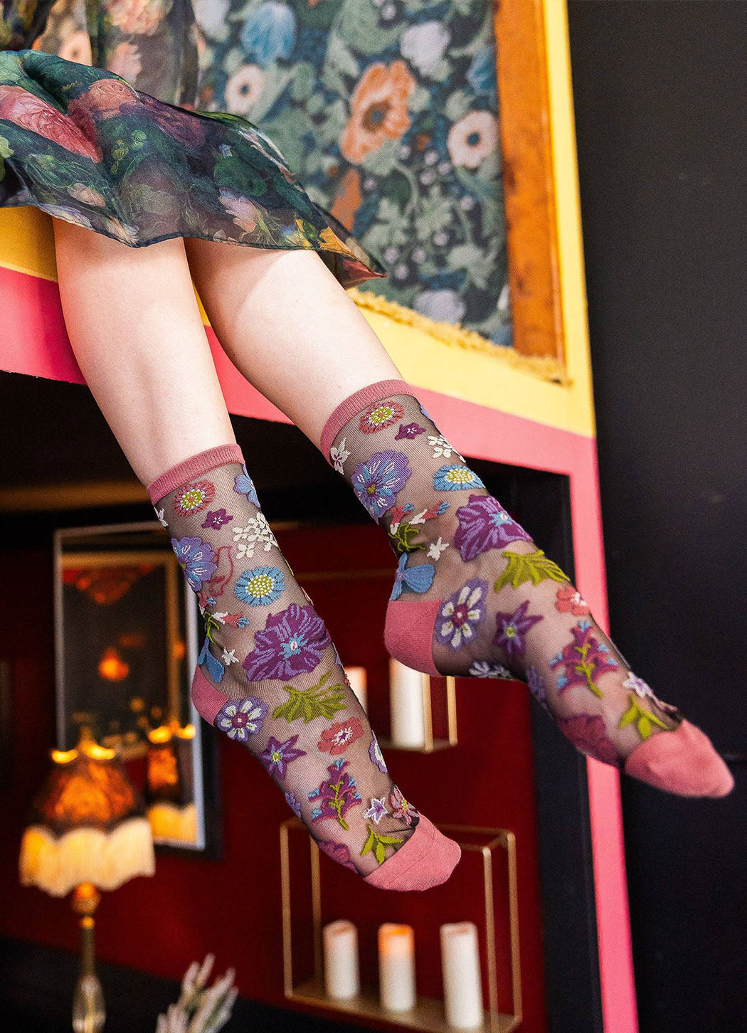 Sock Candy Dark Florals Black Sheer Crew Sock