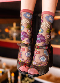 Sock Candy Dark Florals Black Sheer Crew Sock