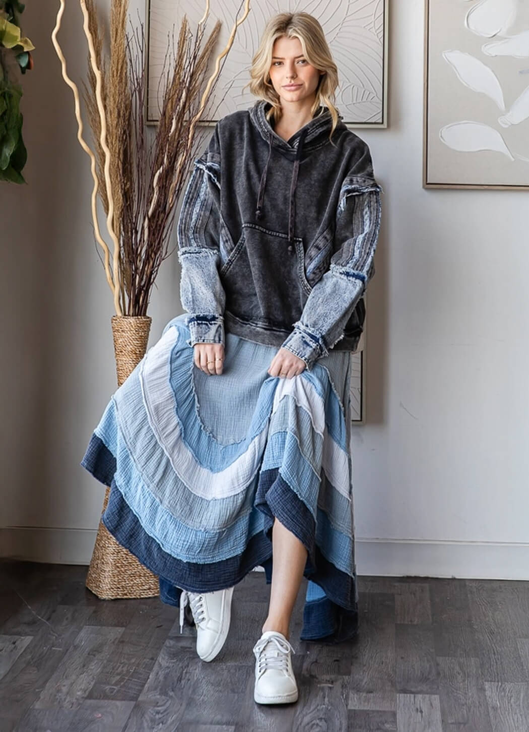 Oli & Hali Washed Knit Denim Mix Hoodie