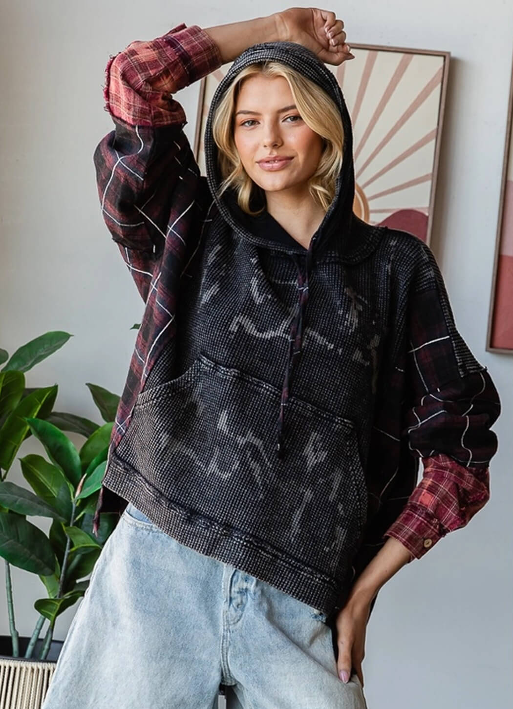Oli & Hali Washed Fabric Mix Hoodie Top