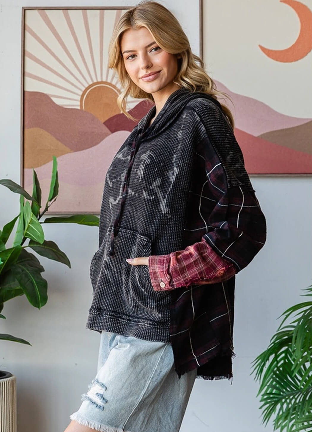 Oli & Hali Washed Fabric Mix Hoodie Top