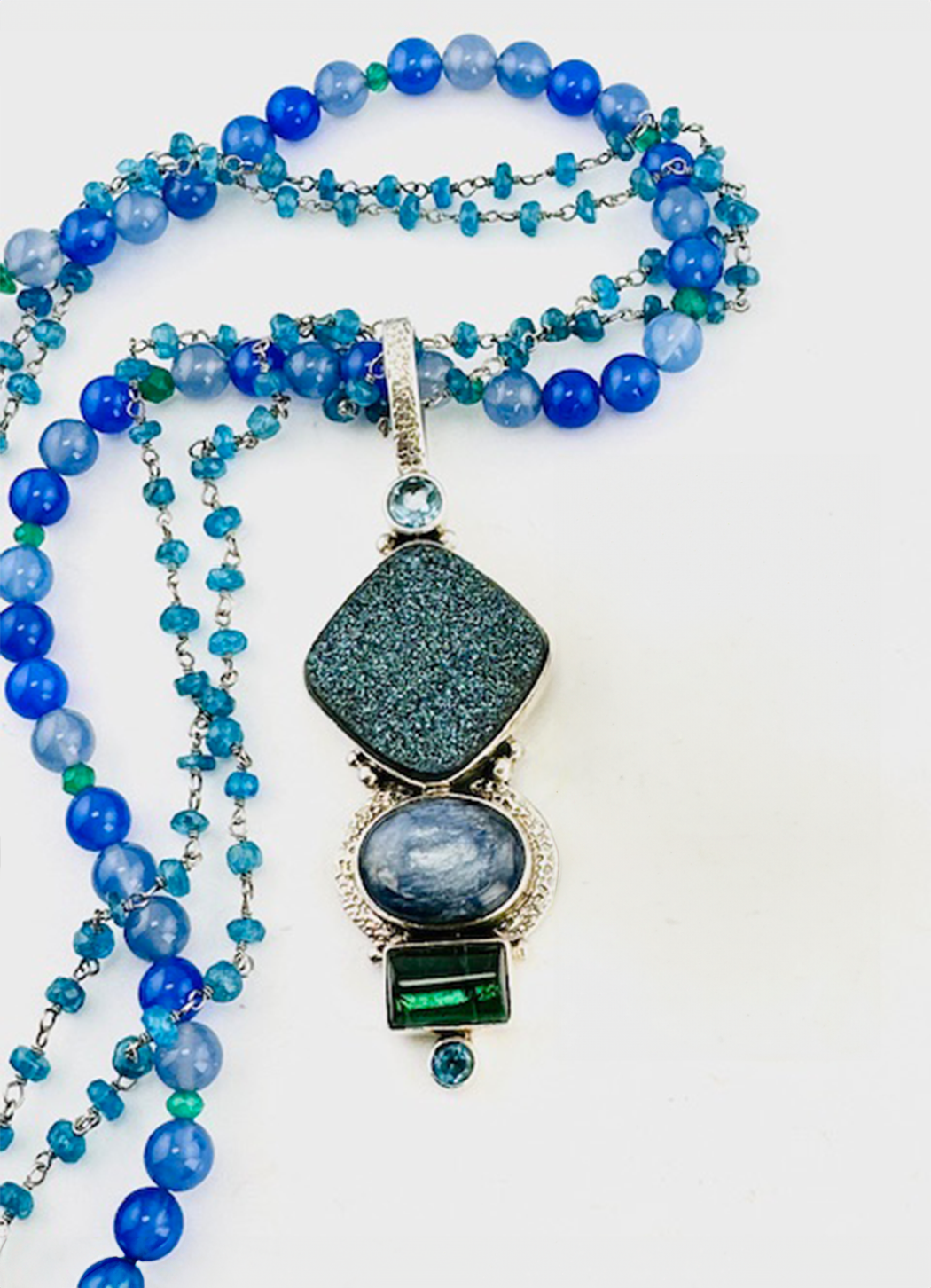 Echo of the Dreamer Druzy Kyanite Green Tourmaline Blue Topaz 3 Necklace