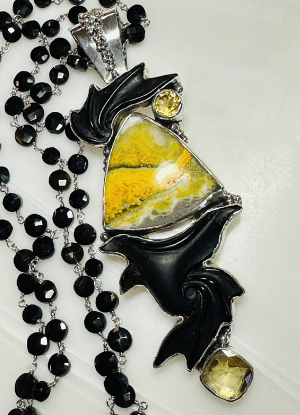 Echo of The Dreamer Large Bumblebee Jasper Onyx Swoosh Citrine Necklace
