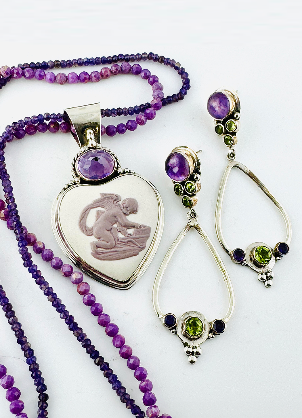 Echo of the Dreamer Vintage Porcelain Heart With Eros Large Faceted Necklace