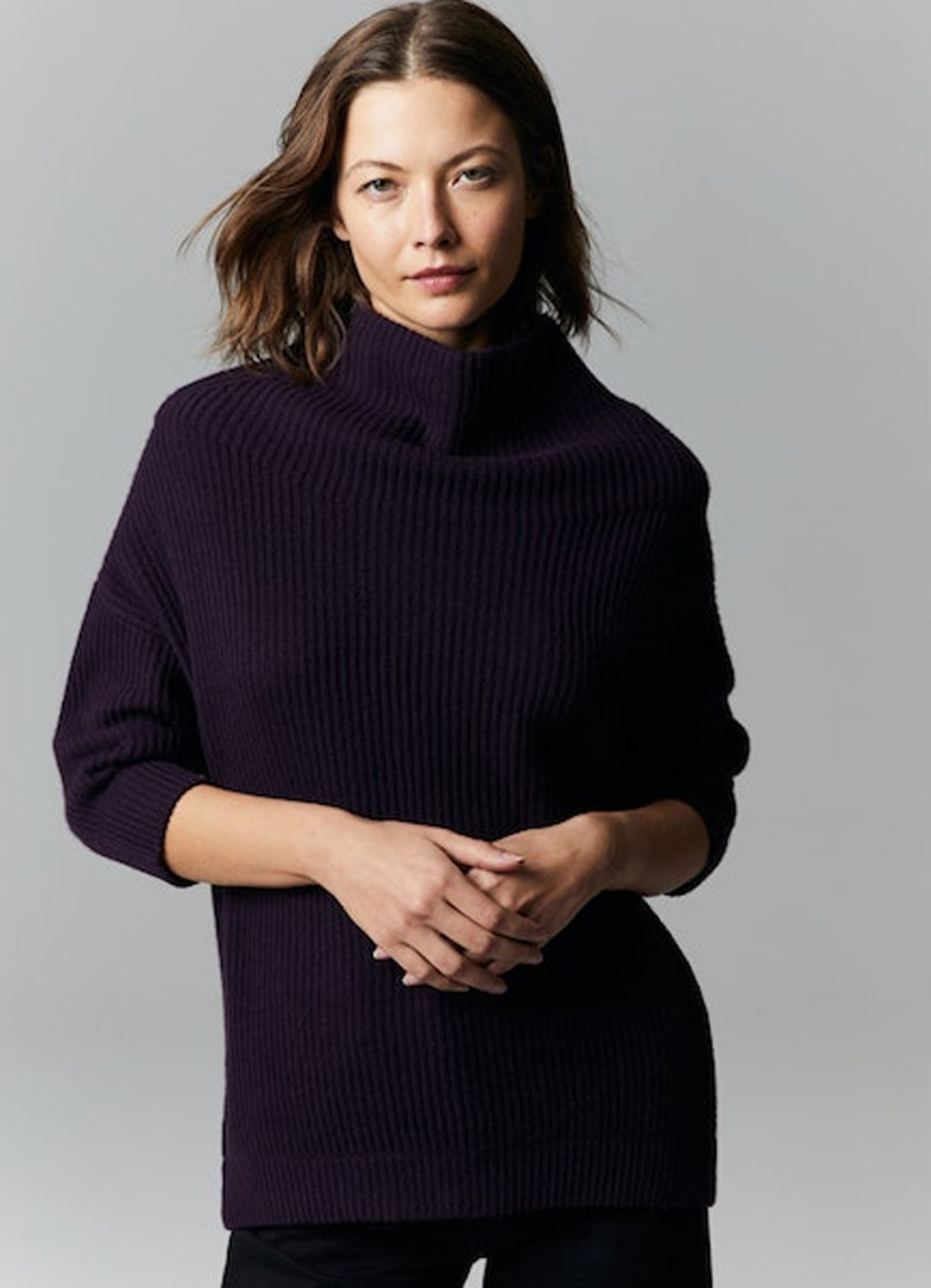 Autumn Cashmere 3/4 Sleeve Funnel-Neck Shaker Sweater
