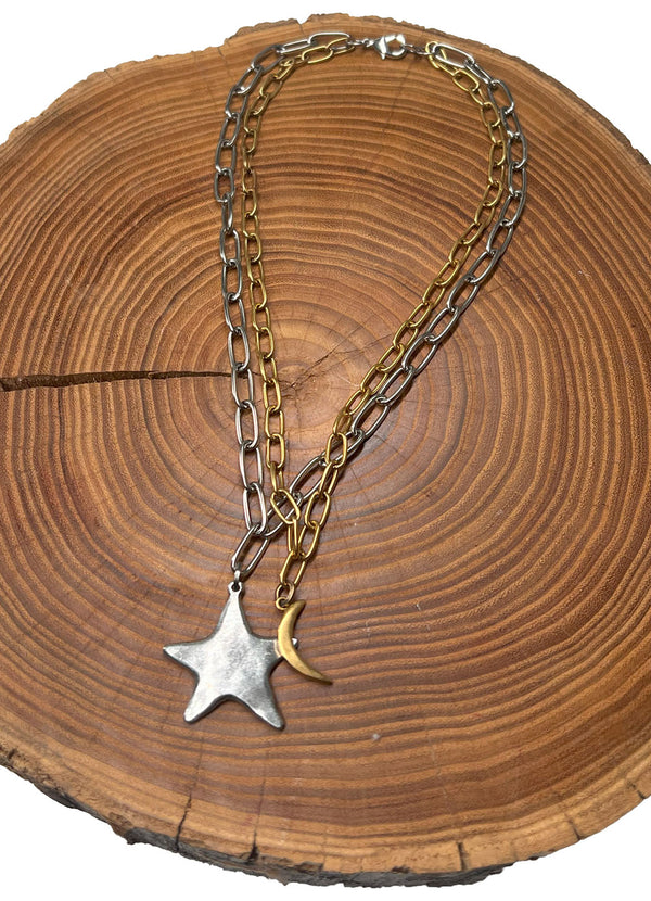Belle Via Jewelry Double Chain Star + Moon Necklace