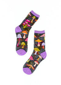 Sock Candy Magic Mushrooms Black Sheer Crew Sock
