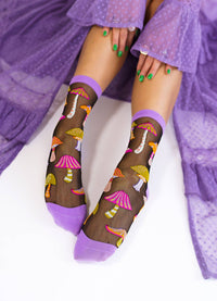 Sock Candy Magic Mushrooms Black Sheer Crew Sock