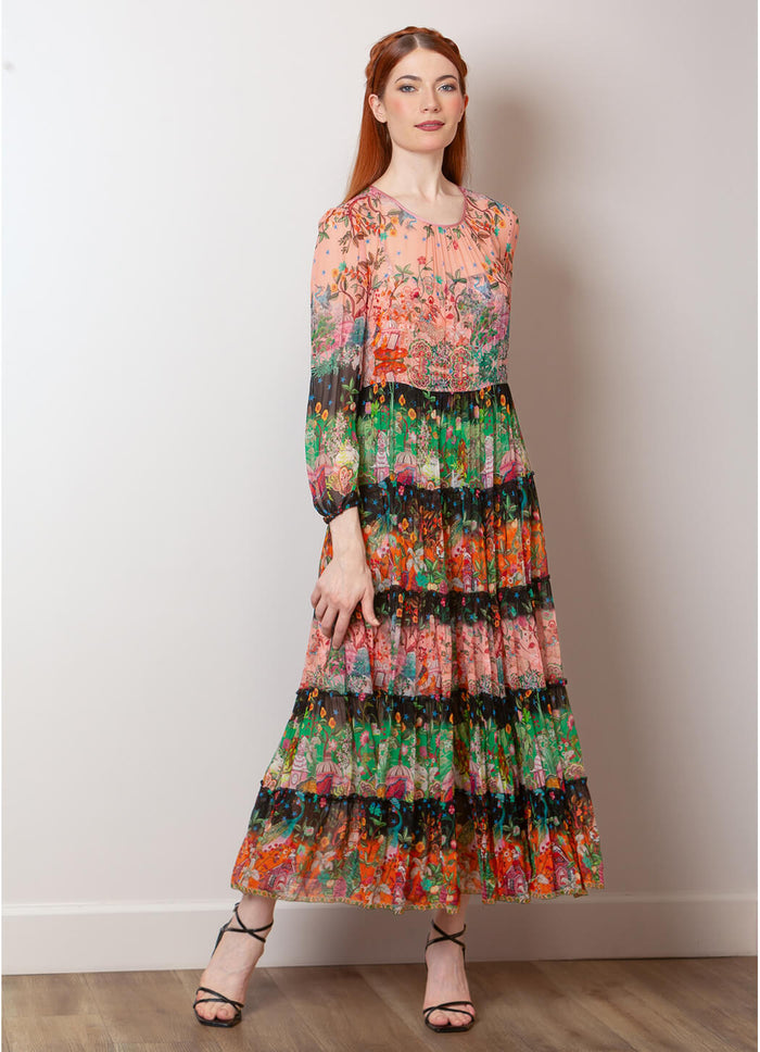 Jessie Liu Silk Print Tiered Maxi Dress