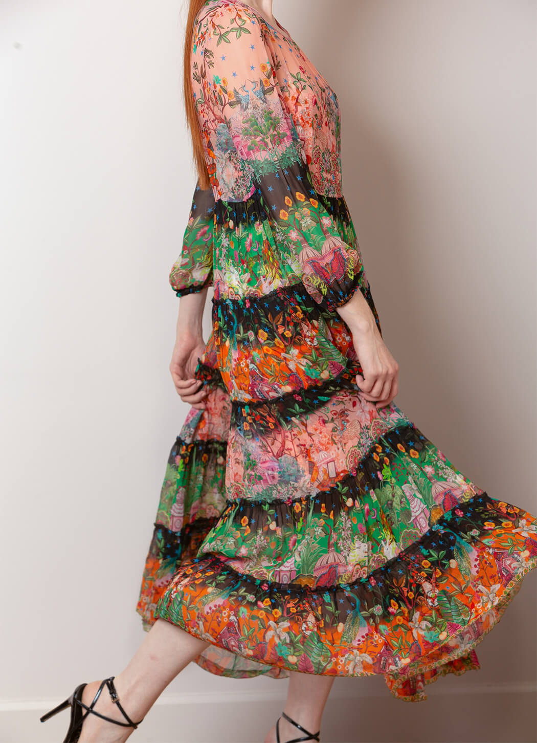Jessie Liu Silk Print Tiered Maxi Dress