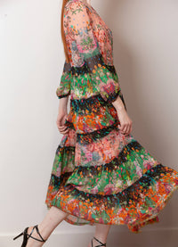 Jessie Liu Silk Print Tiered Maxi Dress