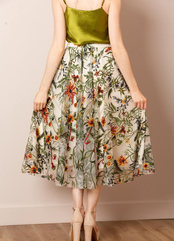 Jessie Liu Flared Skirt with Floral Embroidery