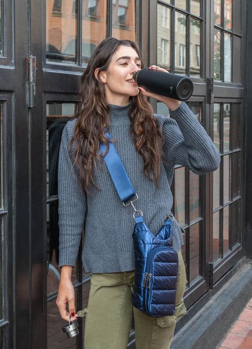 WanderFull Navy Blue Shiny HydroBag with Matching Navy Solid Strap