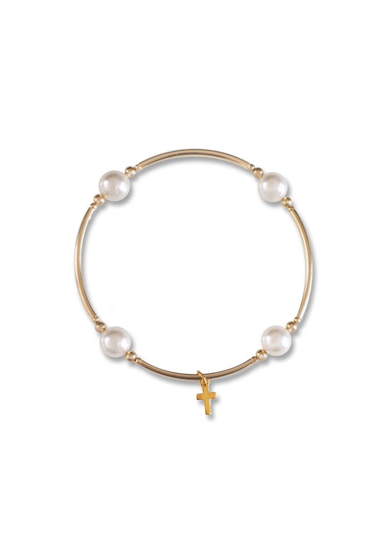 Blessing Bracelet With Cross Charm in White Pearl With Gold Links 8mm Beads