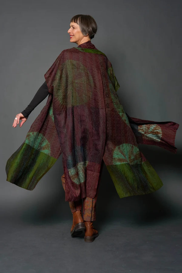 Mieko Mintz Jacquard Silk Patch Tie Dye Circle Shibori Kantha Poncho Dress