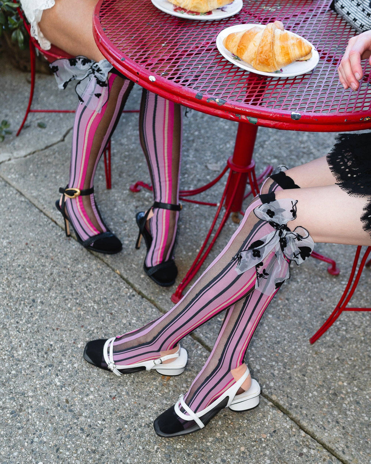 Sock Candy - Parisian Stripe Bow Black Sheer Knee High Sock