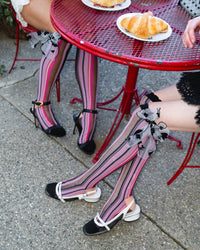 Sock Candy - Parisian Stripe Bow Black Sheer Knee High Sock