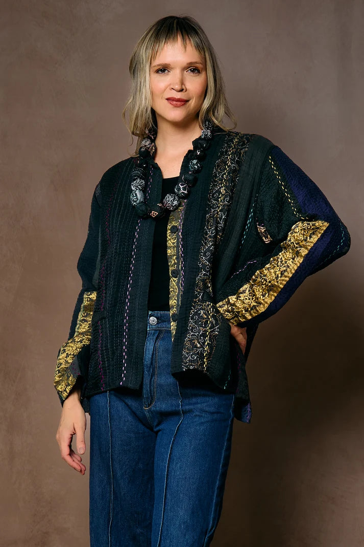 Mieko Mintz Jewel Woven w/ Vertical Patch Kantha Kaftan Jacket Short