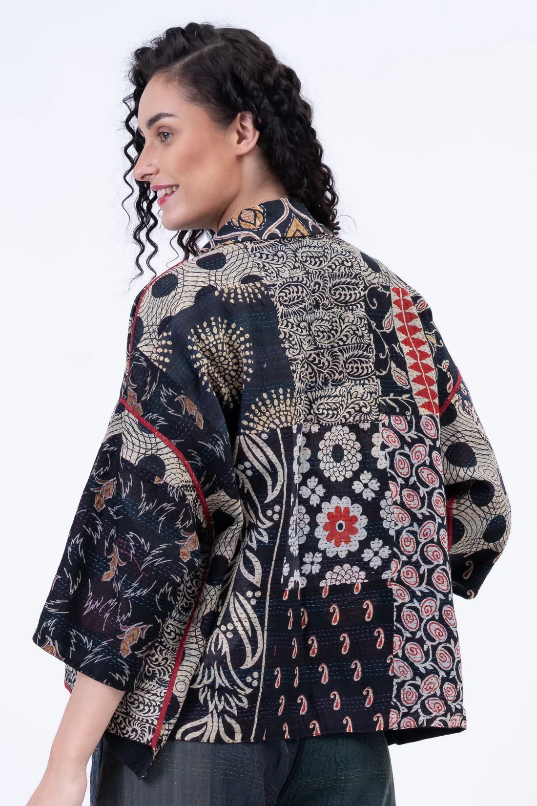 Mieko Mintz Patch & Circle Print Kantha Cropped Tent Shirt