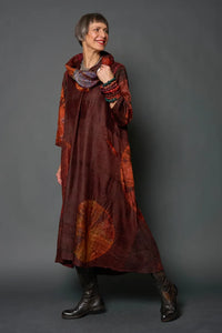 Mieko Mintz Jacquard Silk Tie Dye Circle Shibori Kantha Cowl Neck Long Sleeve Dress