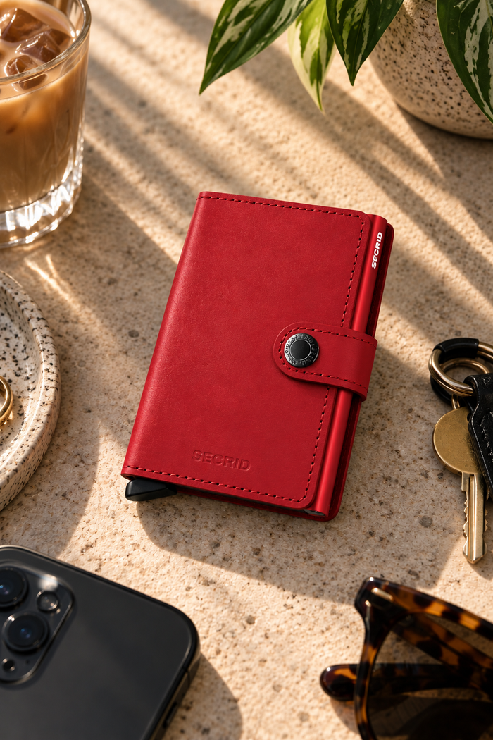 A red leather wallet with a snap-button strap closure and debossed GEORID branding, styled on a textured stone surface with an iced coffee, keys, sunglasses, and a phone nearby.