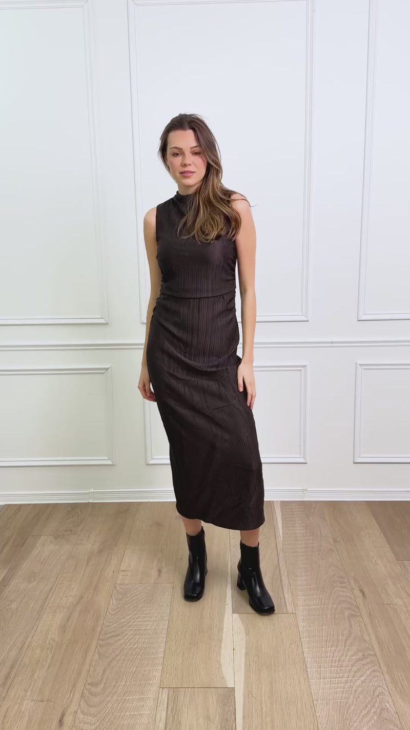 Joseph Ribkoff Pleated Satin Sleeveless Midi Dress