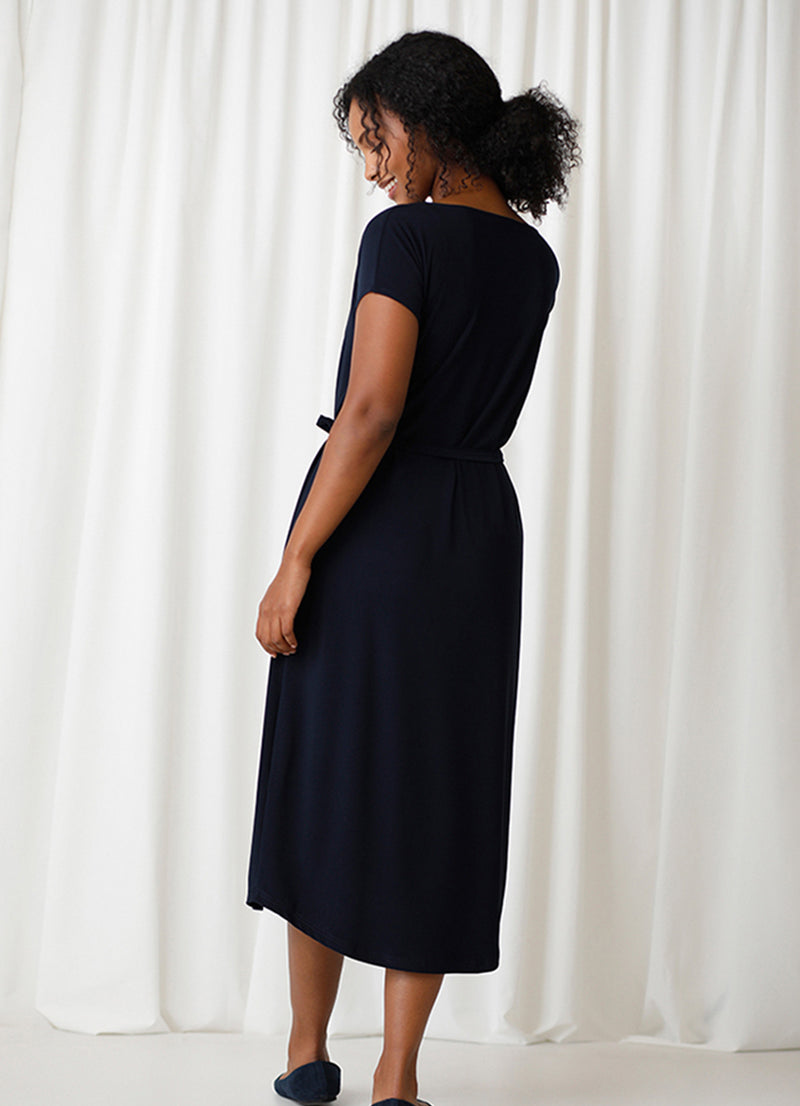 Sympli Boat Neck Cap Sleeve Belted Dress