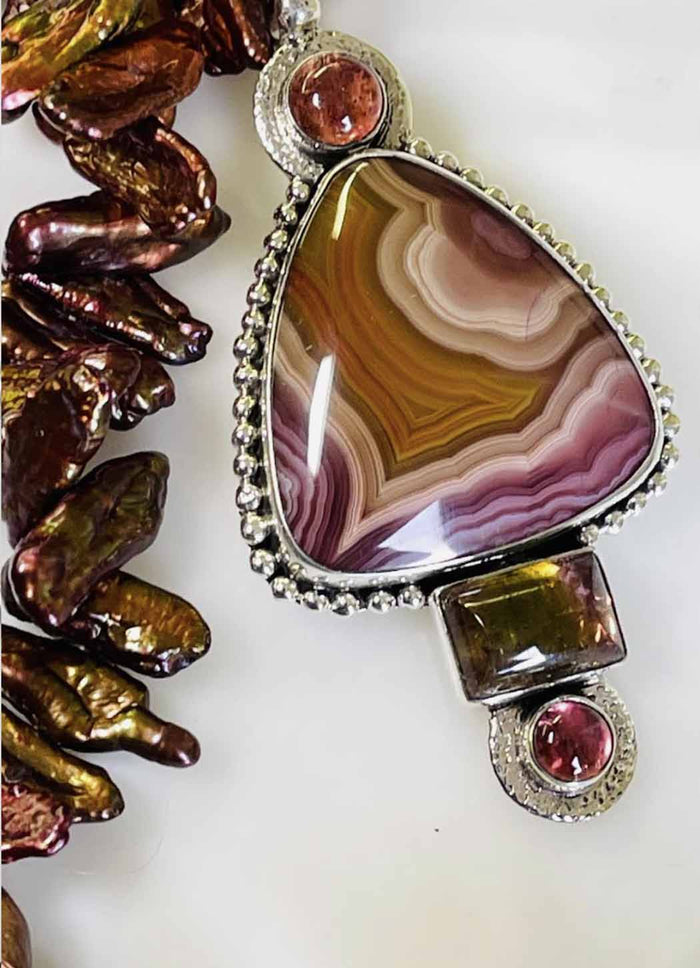 Echo of the Dreamer Laguna Agate Watermelon and Pink Tourmaline Necklace