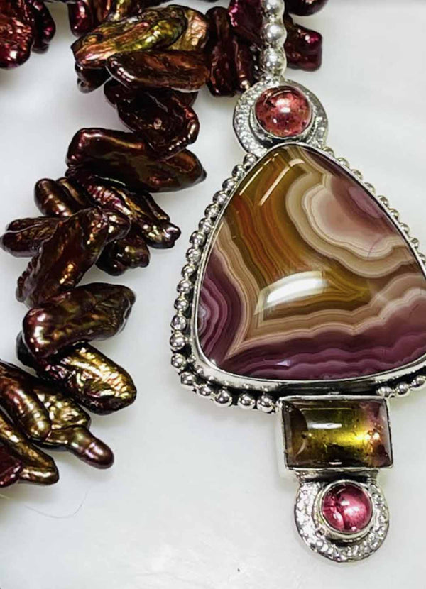 Echo of the Dreamer Laguna Agate Watermelon and Pink Tourmaline Necklace